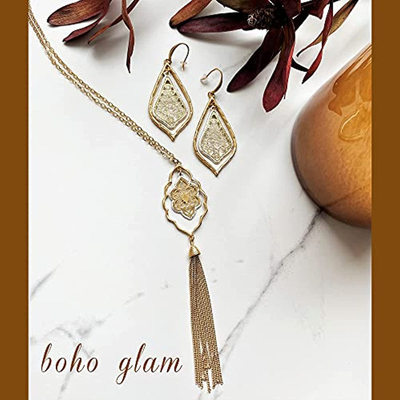 Allison Rose Atelier – Boho Dangle Earrings – Handmade Two Tone Worn Gold and Silver Plating or Silver plated. Quatrefoil Shape Filigree Medallion 